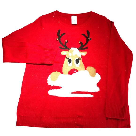 Christmas Sweater Womens XXL Red Reindeer Design Jingle Bells Accents - Picture 1 of 5